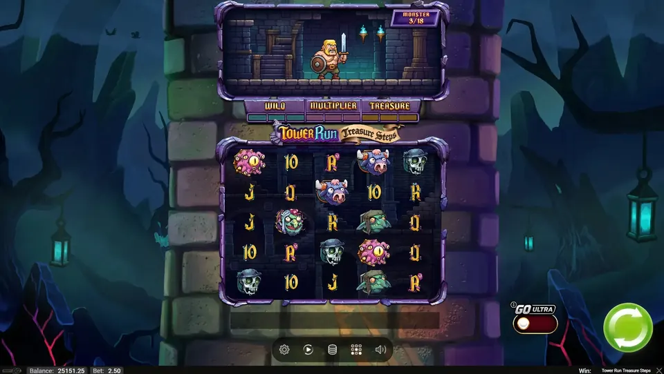 Tower Run Treasure Steps gameplay — 5x5 cascading reels