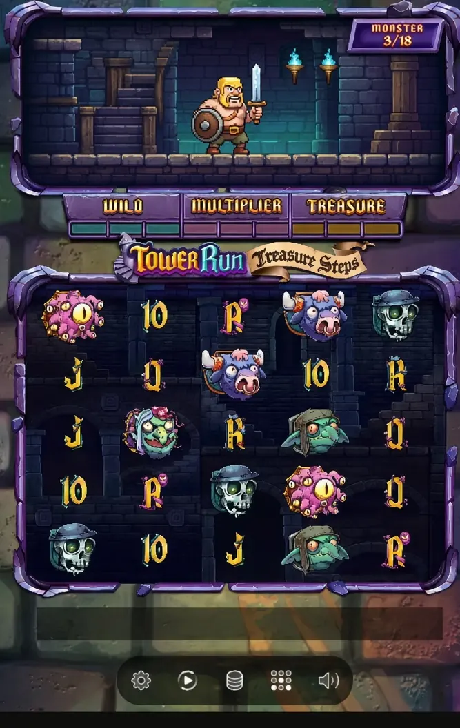 Tower Run Treasure Steps on mobile — tower screen above the reels
